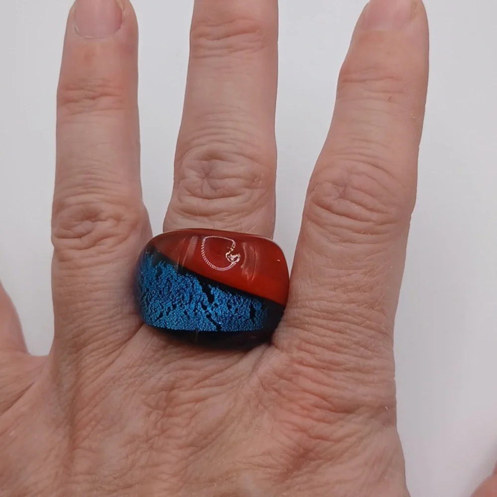 Red And Blue Art Glass Ring Sz 9